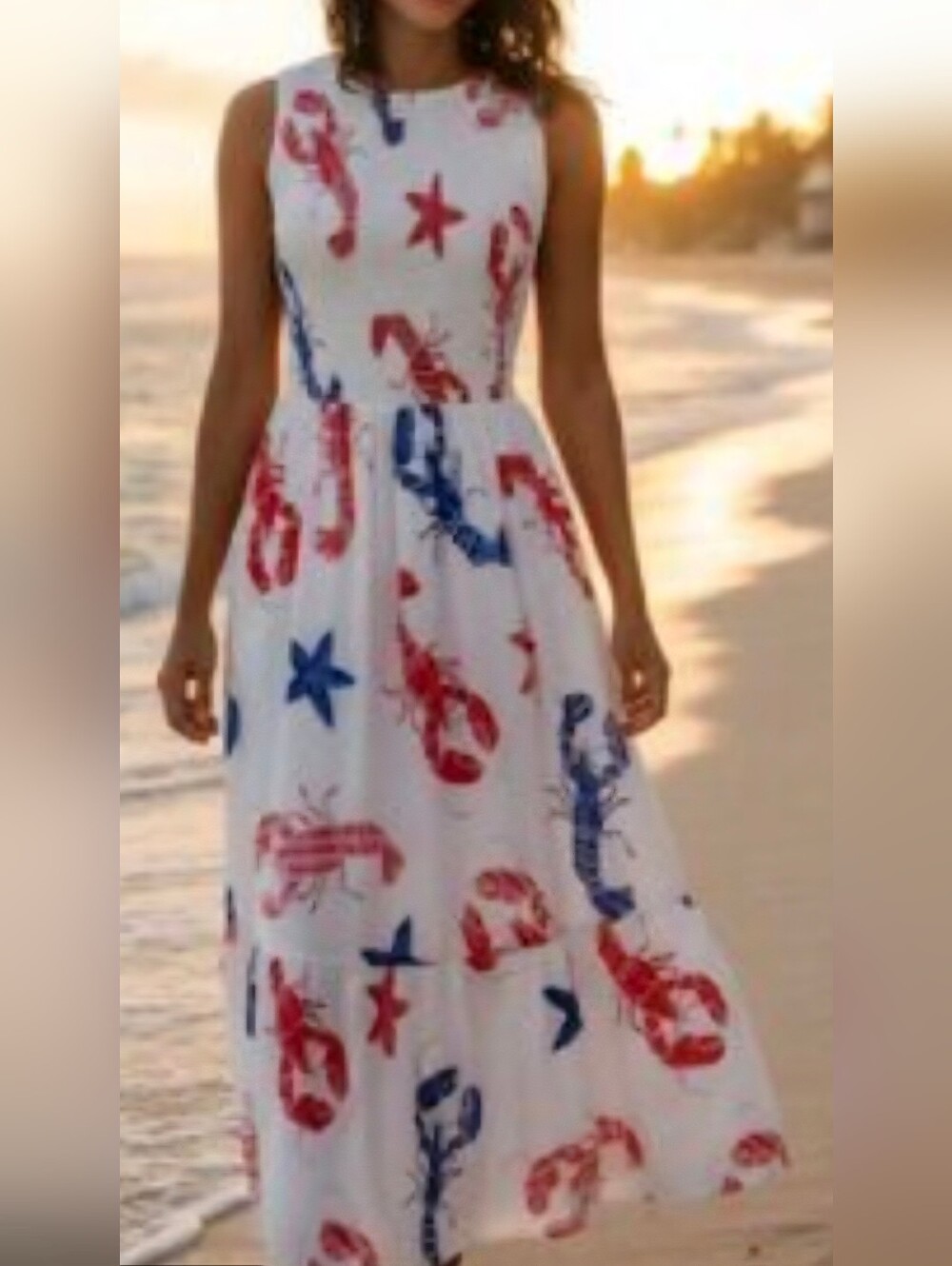 J. Crew White Sleeveless Midi Dress with Red & Blue Sea Motif